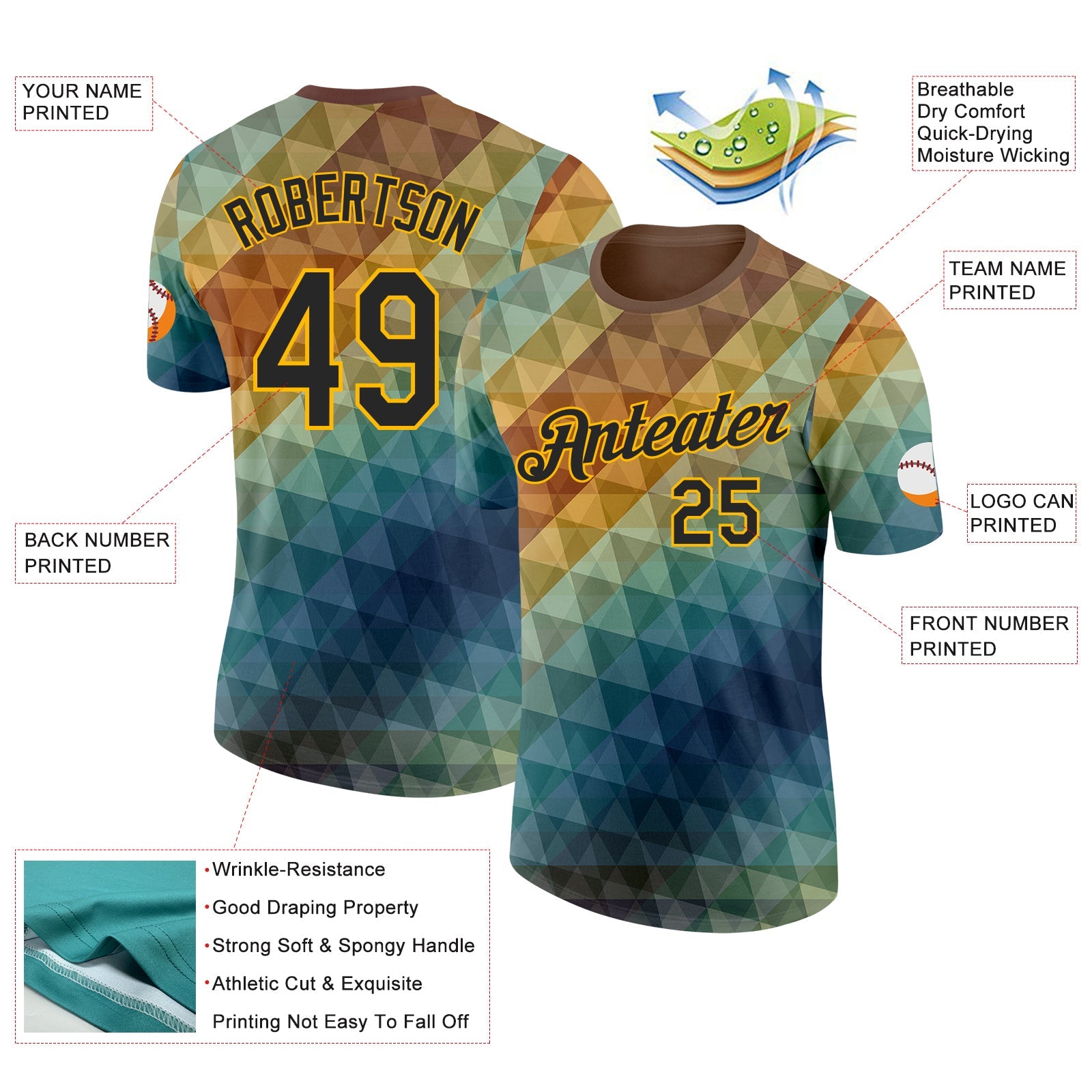 Custom Blue Black Brown-Gold Geometric Gradient Digital Mosaic Performance T-Shirt view 2