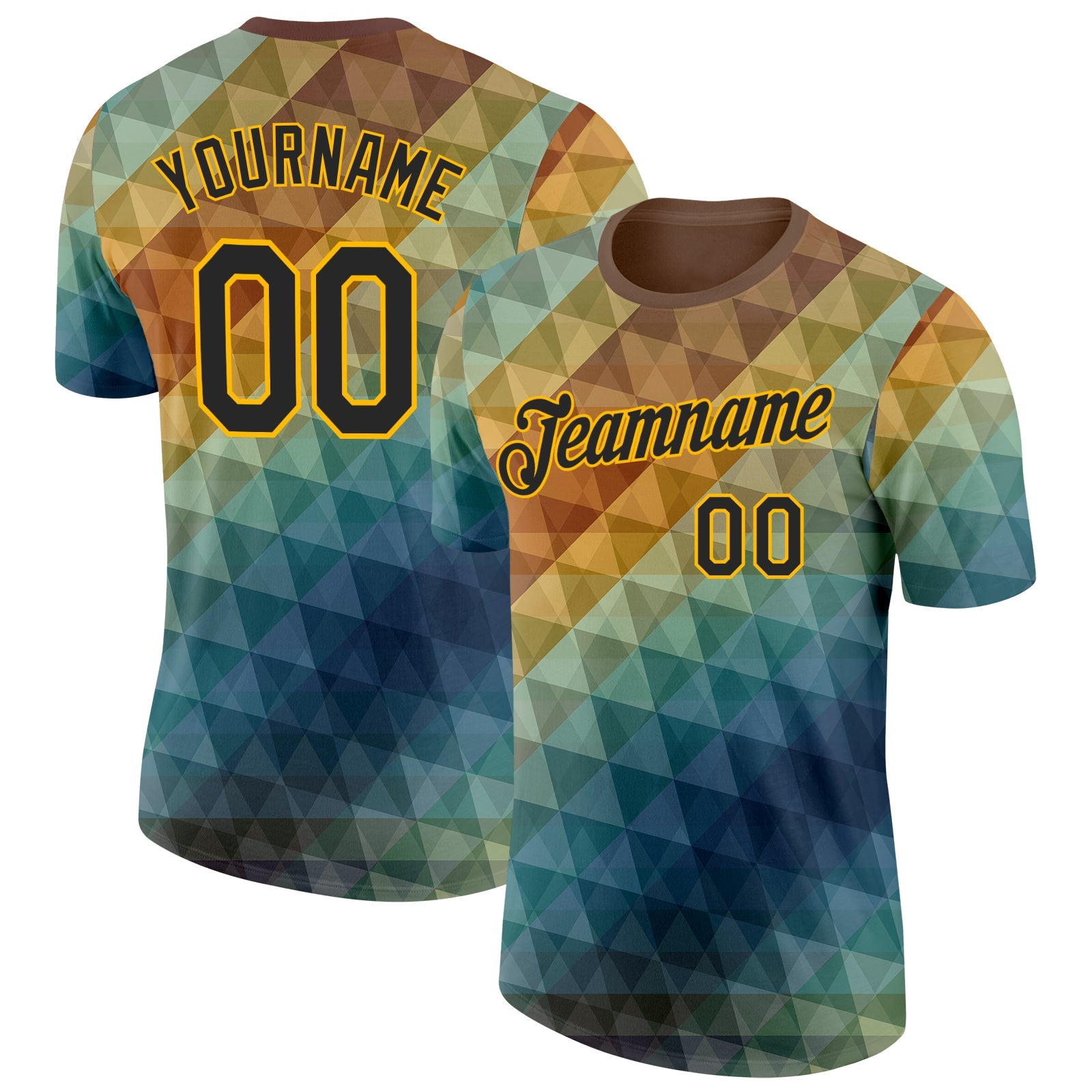 Custom Blue Black Brown-Gold Geometric Gradient Digital Mosaic Performance T-Shirt - Main View