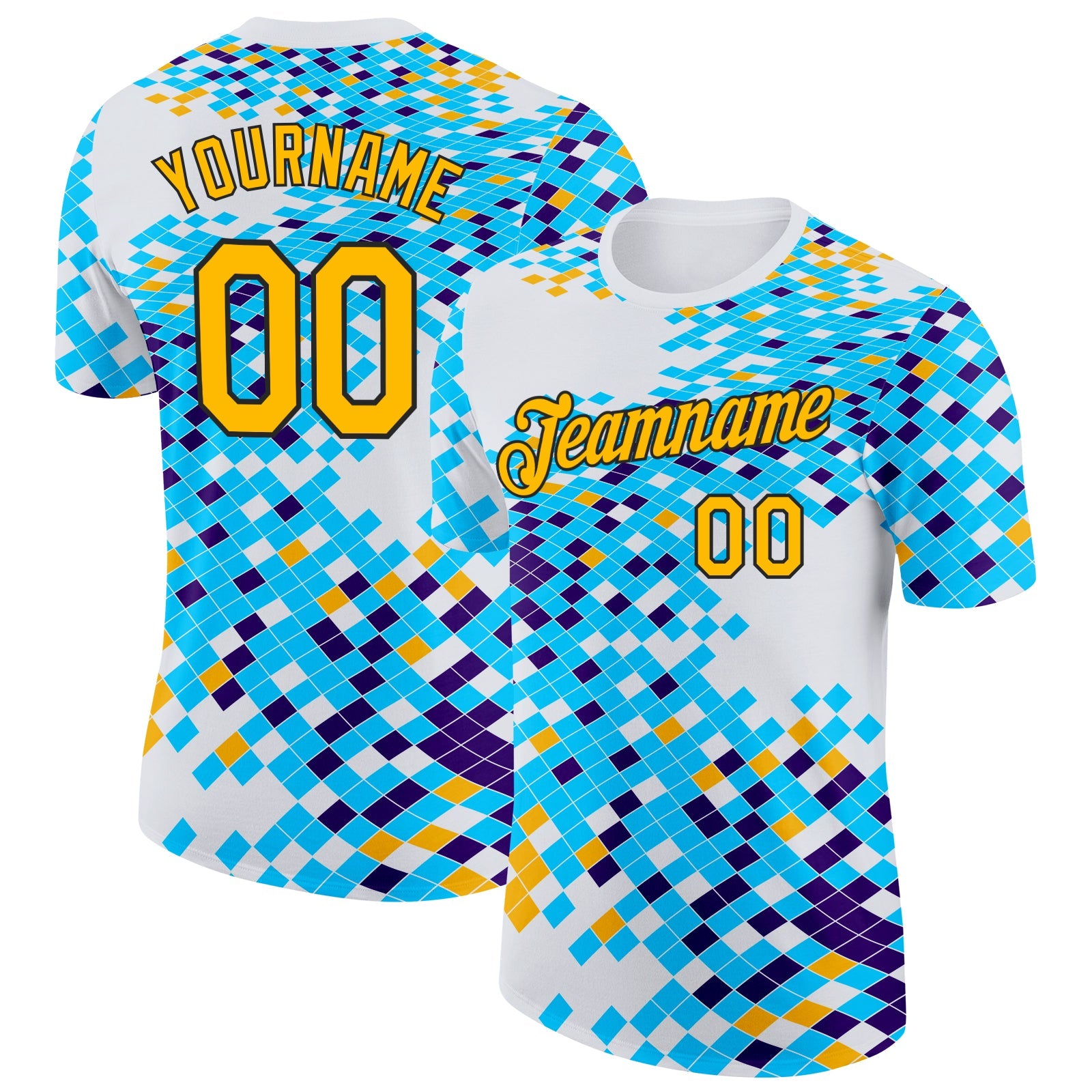 Custom White Gold Blue-Black Geometric Digital Mosaic Performance T-Shirt - Main View