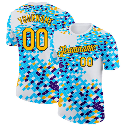Custom White Gold Blue-Black Geometric Digital Mosaic Performance T-Shirt - Main View