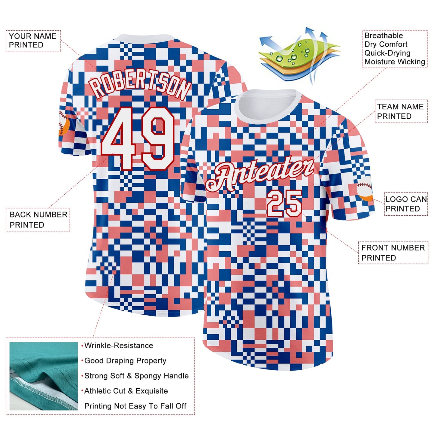 Custom White Blue Pink-Red Geometric Digital Mosaic Performance T-Shirt view 2