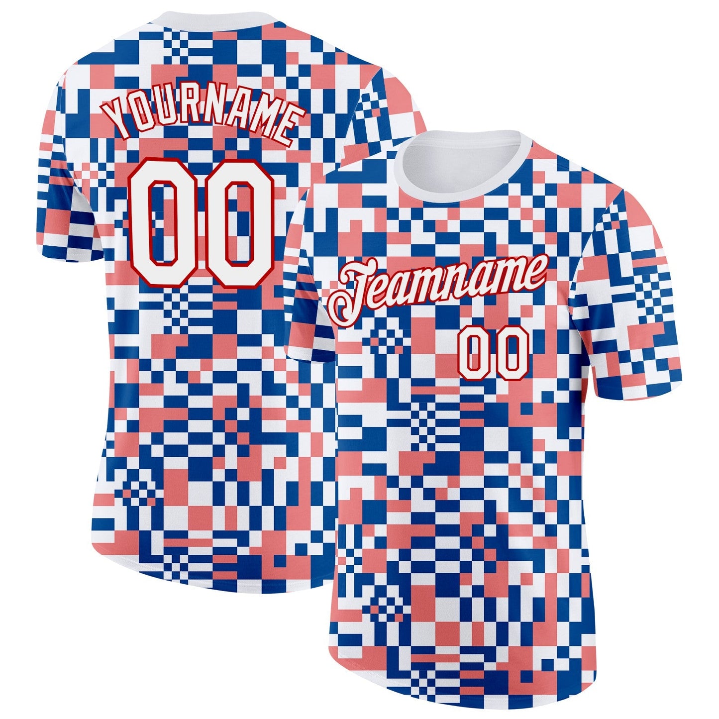 Custom White Blue Pink-Red Geometric Digital Mosaic Performance T-Shirt - Main View