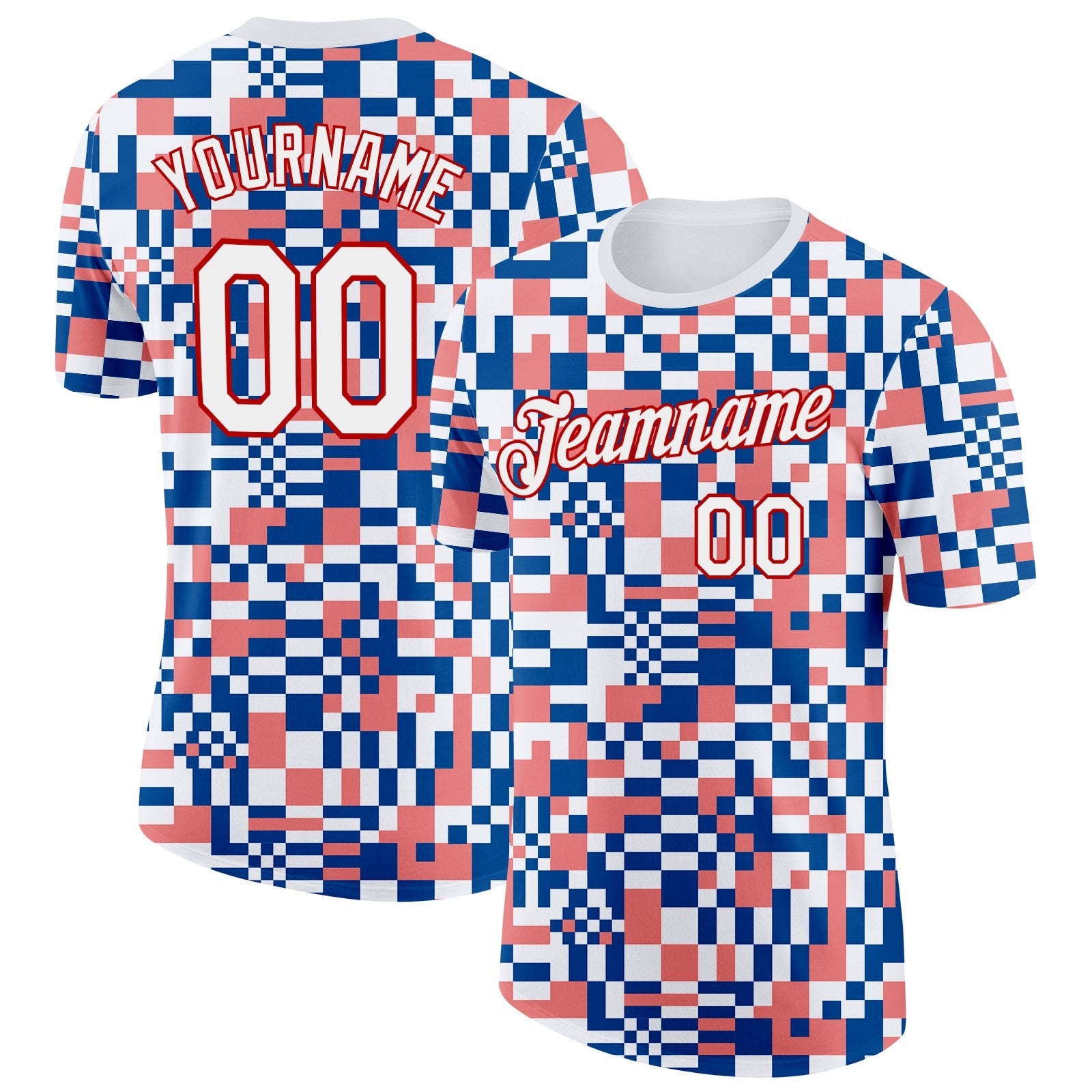 Custom White Blue Pink-Red Geometric Digital Mosaic Performance T-Shirt - Main View