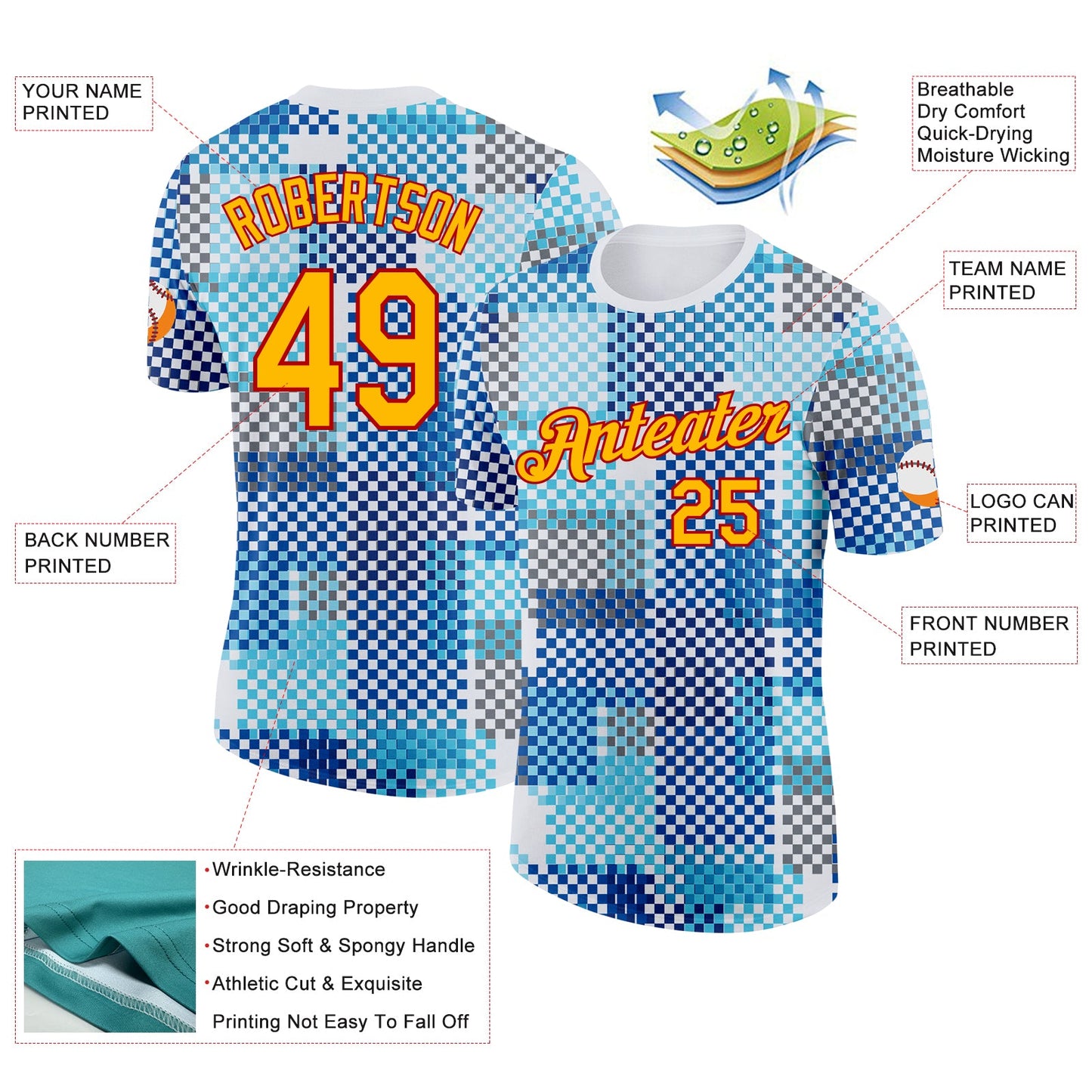 Custom White Gold Blue-Red Geometric Digital Mosaic Performance T-Shirt view 2