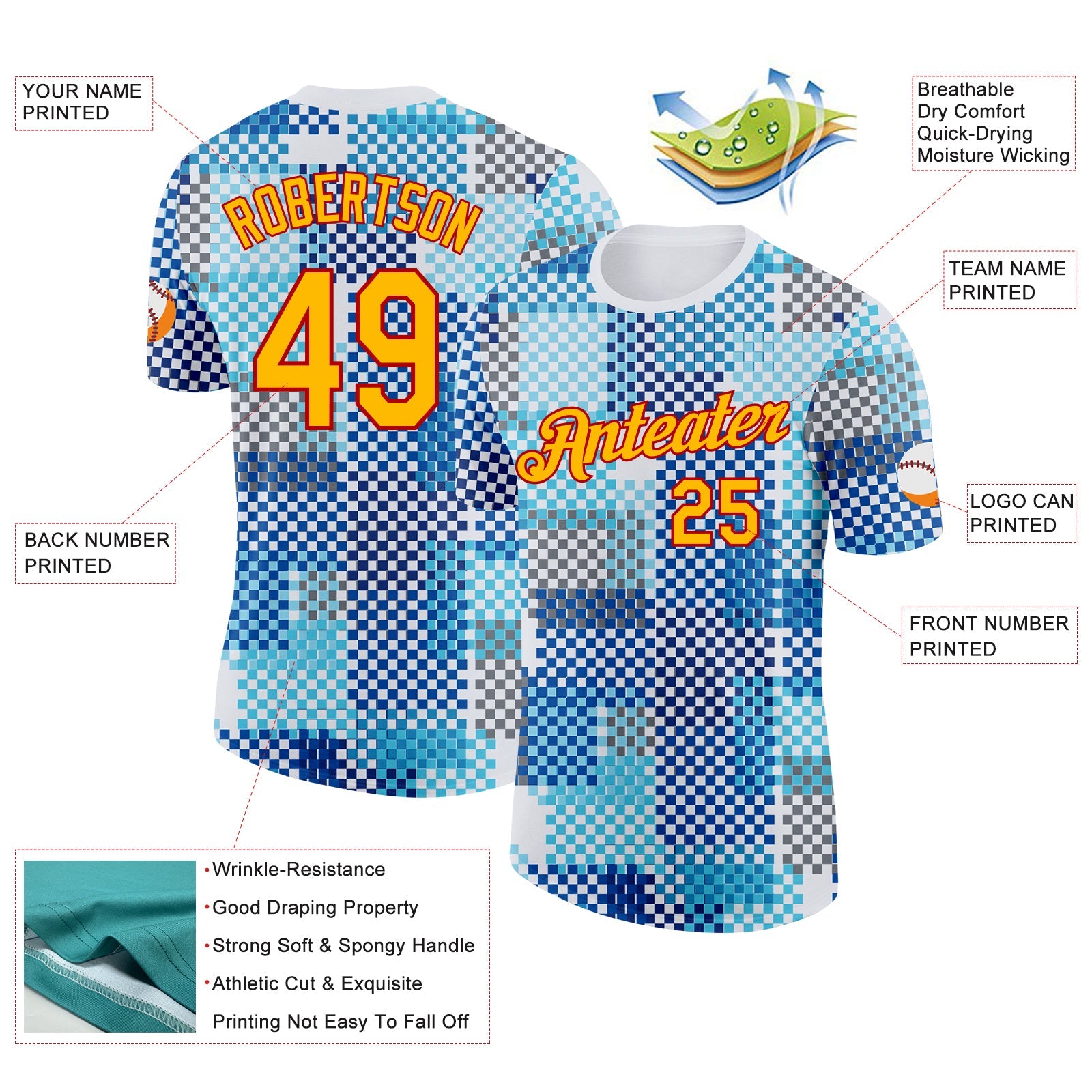 Custom White Gold Blue-Red Geometric Digital Mosaic Performance T-Shirt view 2