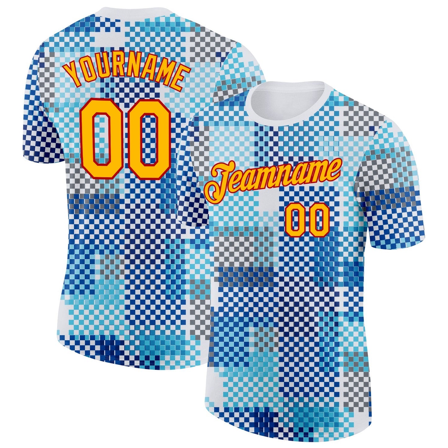 Custom White Gold Blue-Red Geometric Digital Mosaic Performance T-Shirt - Main View