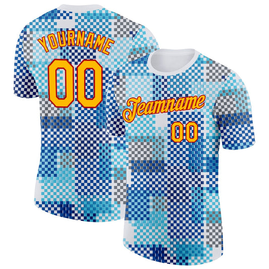 Custom White Gold Blue-Red Geometric Digital Mosaic Performance T-Shirt - Main View