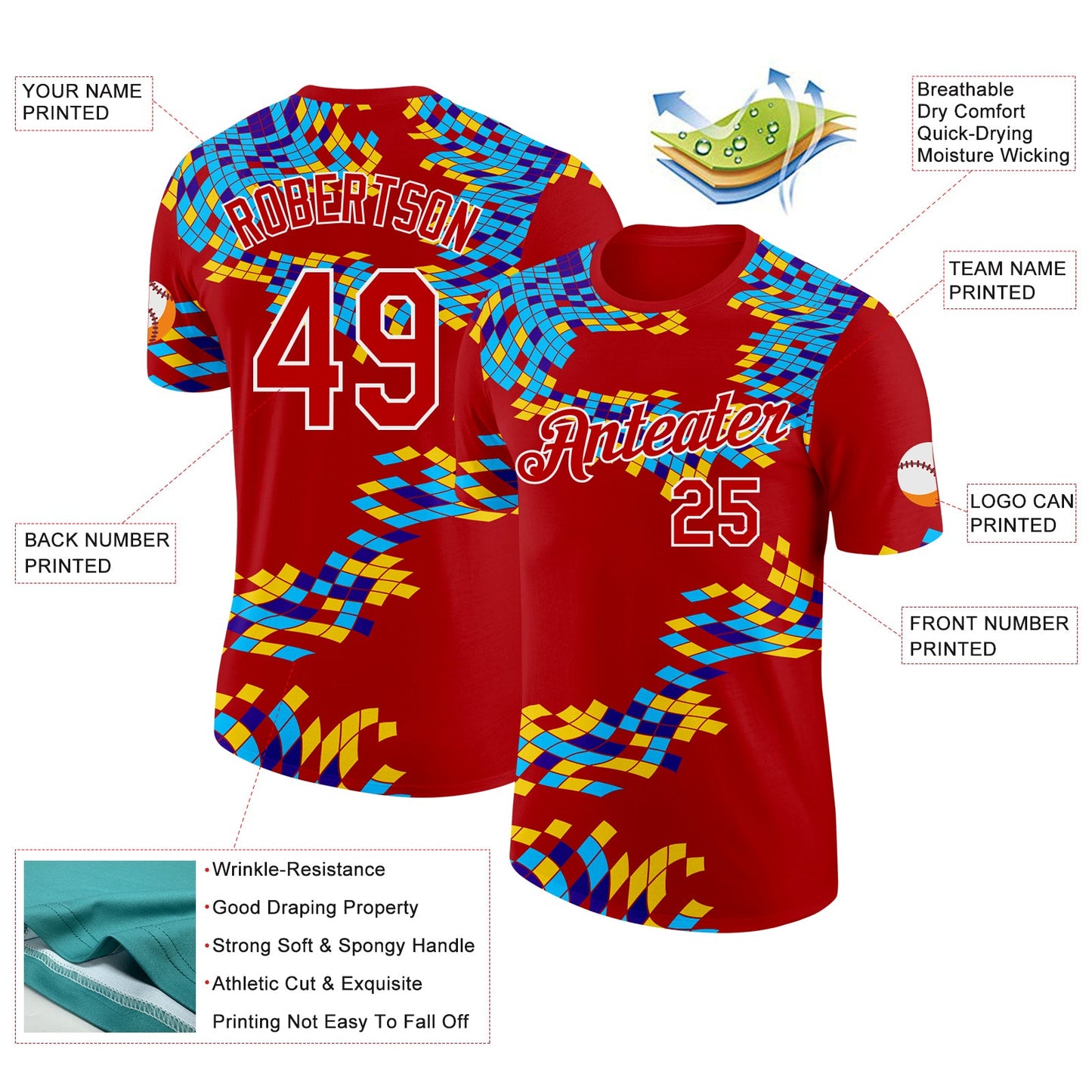 Custom Red Blue Yellow-White Geometric Digital Mosaic Performance T-Shirt view 2