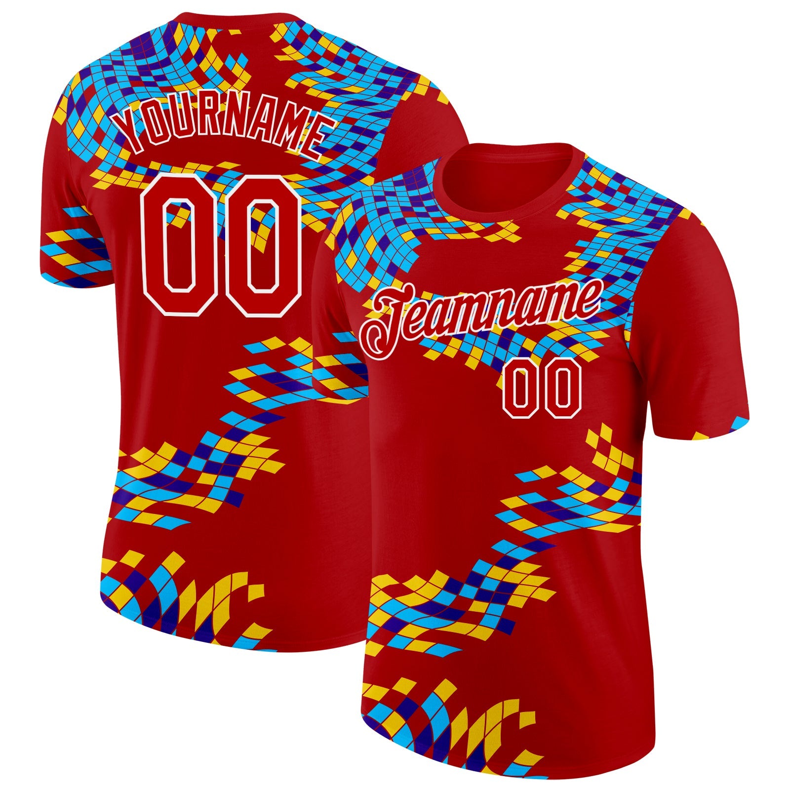 Custom Red Blue Yellow-White Geometric Digital Mosaic Performance T-Shirt - Main View
