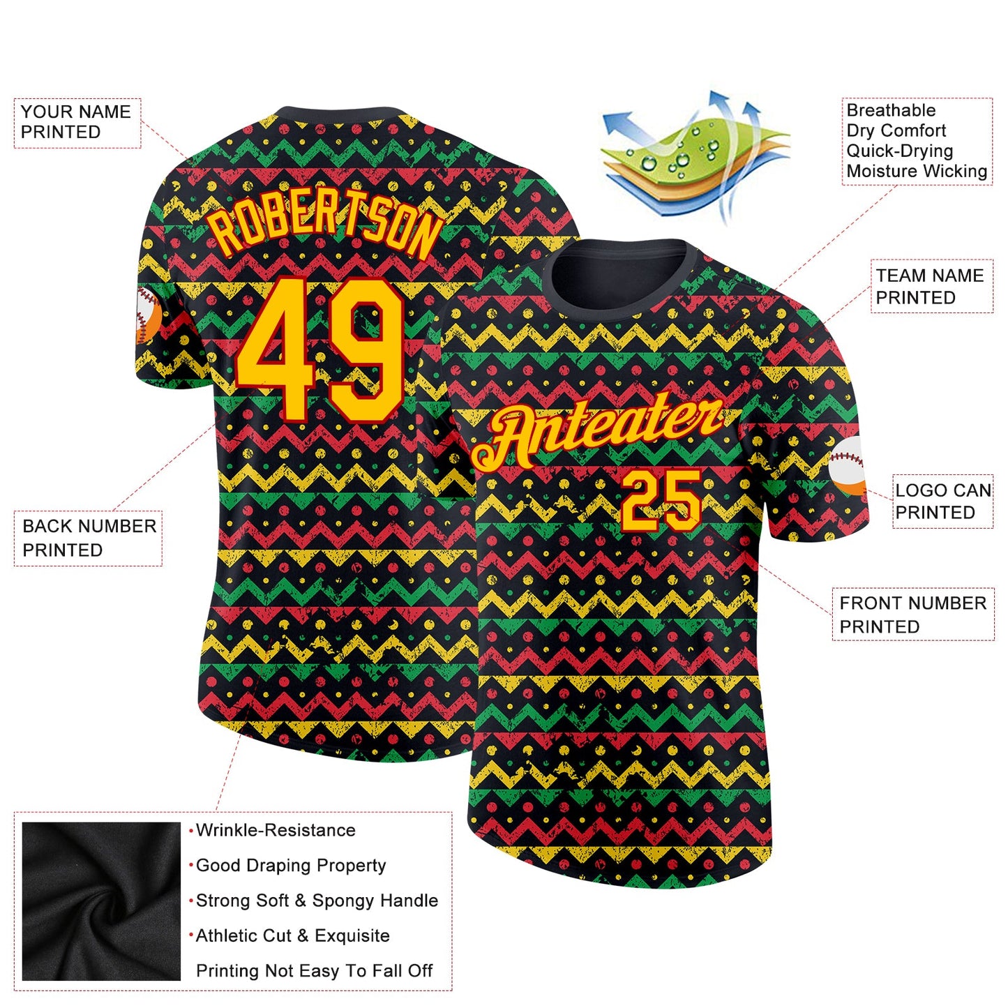 Custom Black Yellow-Red 3D Pattern Design Black History Month Performance T-Shirt view 2