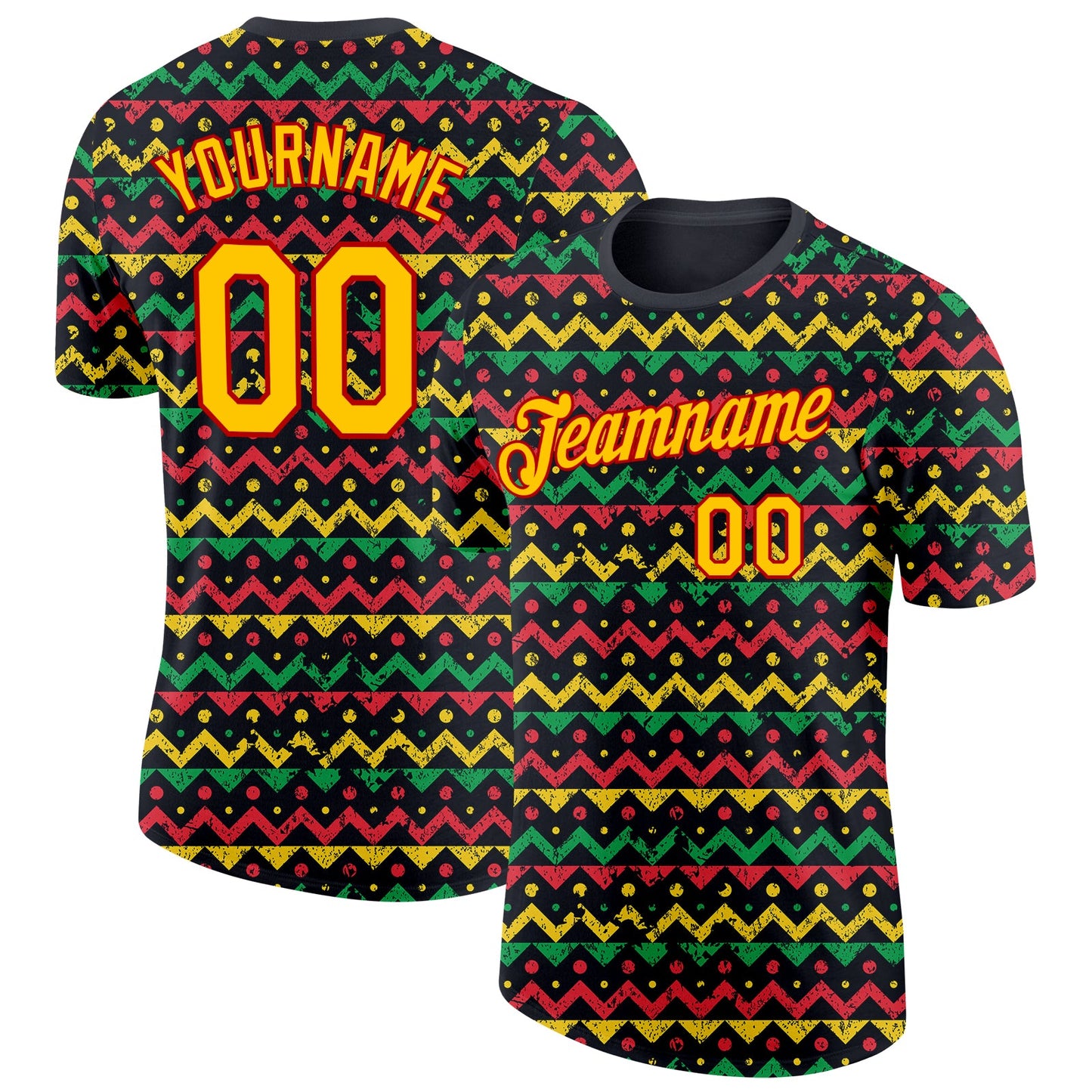 Custom Black Yellow-Red 3D Pattern Design Black History Month Performance T-Shirt - Main View