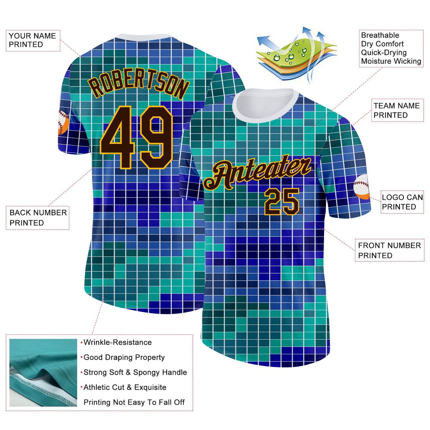 Custom White Brown Green Blue-Gold Geometric Digital Mosaic Performance T-Shirt view 2