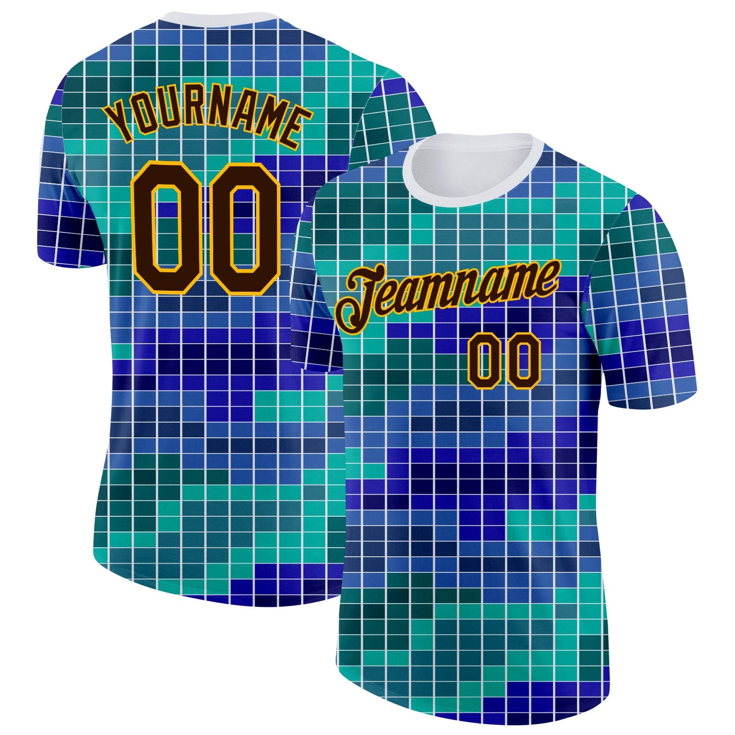 Custom White Brown Green Blue-Gold Geometric Digital Mosaic Performance T-Shirt - Main View