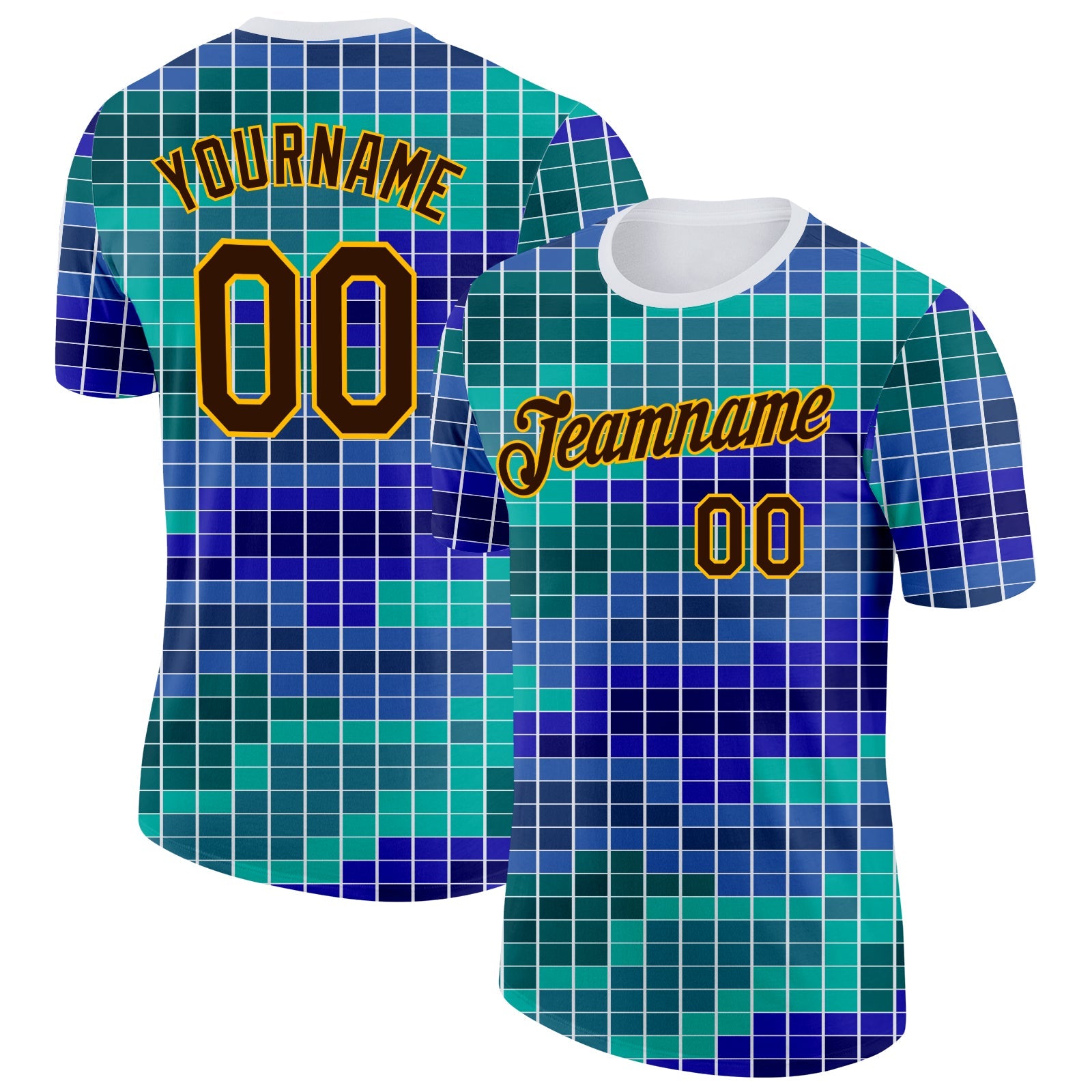 Custom White Brown Green Blue-Gold Geometric Digital Mosaic Performance T-Shirt - Main View