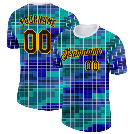 Custom White Brown Green Blue-Gold Geometric Digital Mosaic Performance T-Shirt - Main View