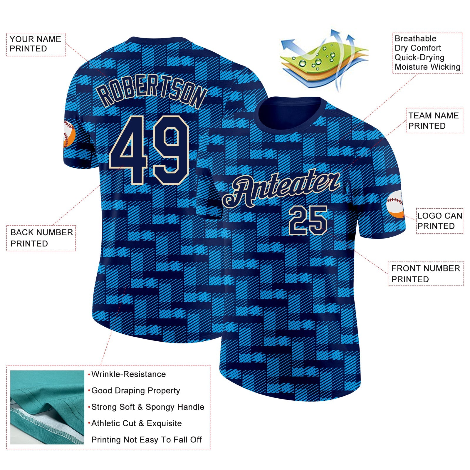 Custom Navy Blue-Cream Geometric Digital Mosaic Performance T-Shirt view 2