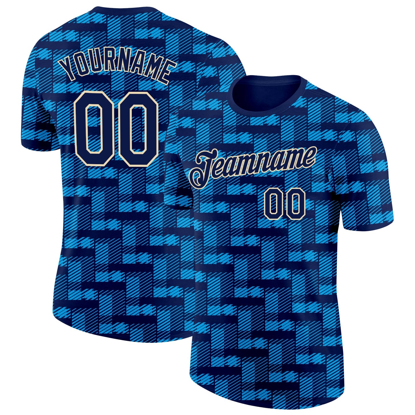 Custom Navy Blue-Cream Geometric Digital Mosaic Performance T-Shirt - Main View