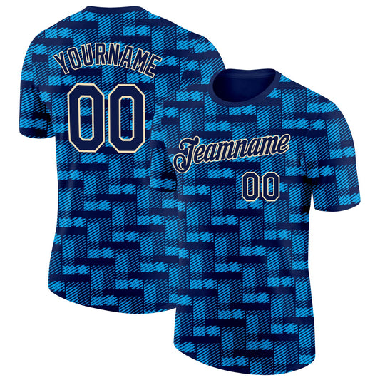 Custom Navy Blue-Cream Geometric Digital Mosaic Performance T-Shirt - Main View