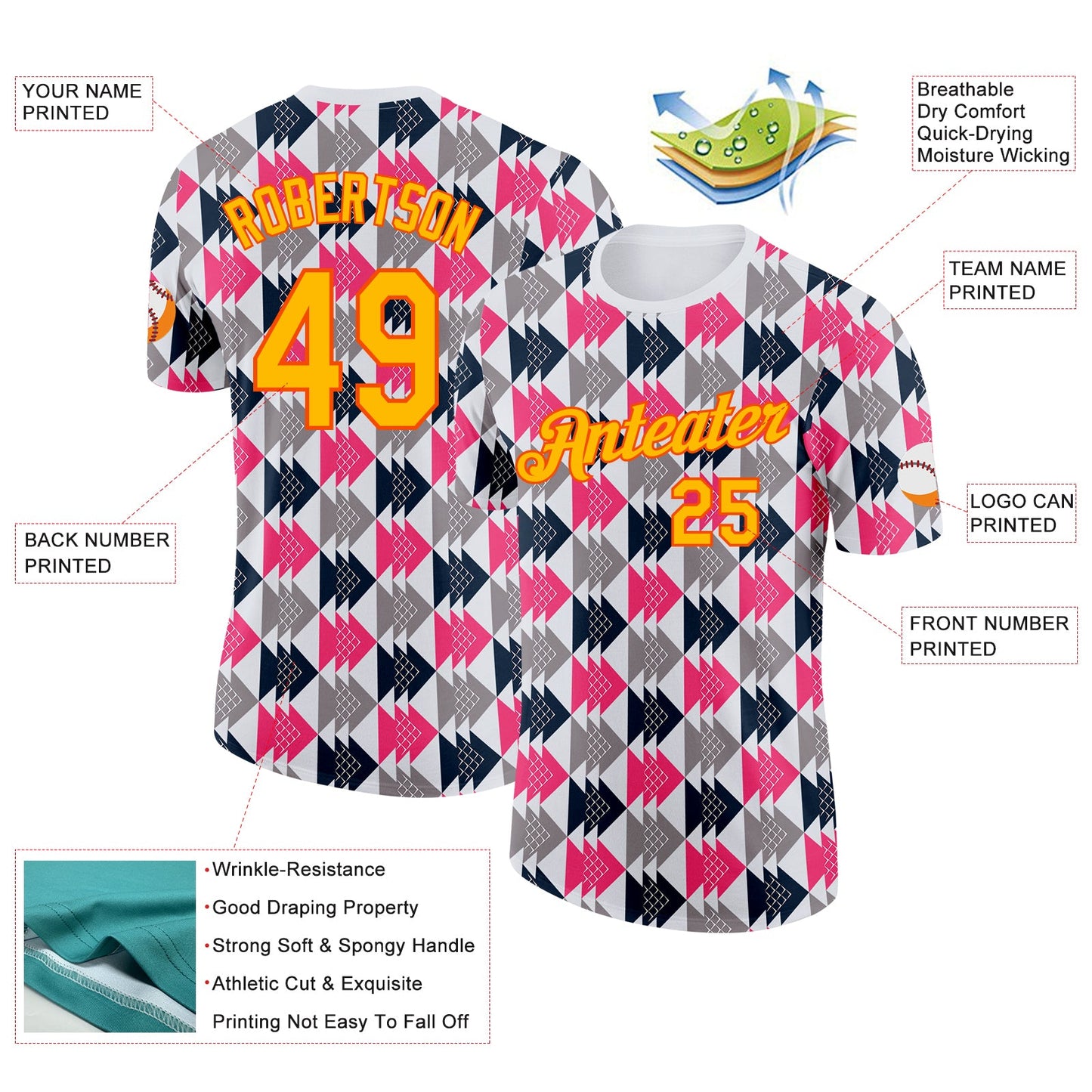 Custom White Gold Gray Pink-Orange Geometric Digital Mosaic Performance T-Shirt view 2