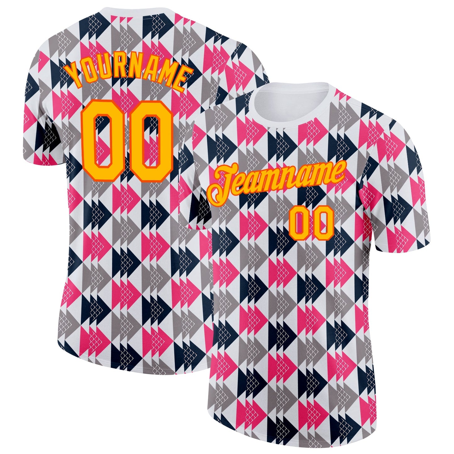 Custom White Gold Gray Pink-Orange Geometric Digital Mosaic Performance T-Shirt - Main View
