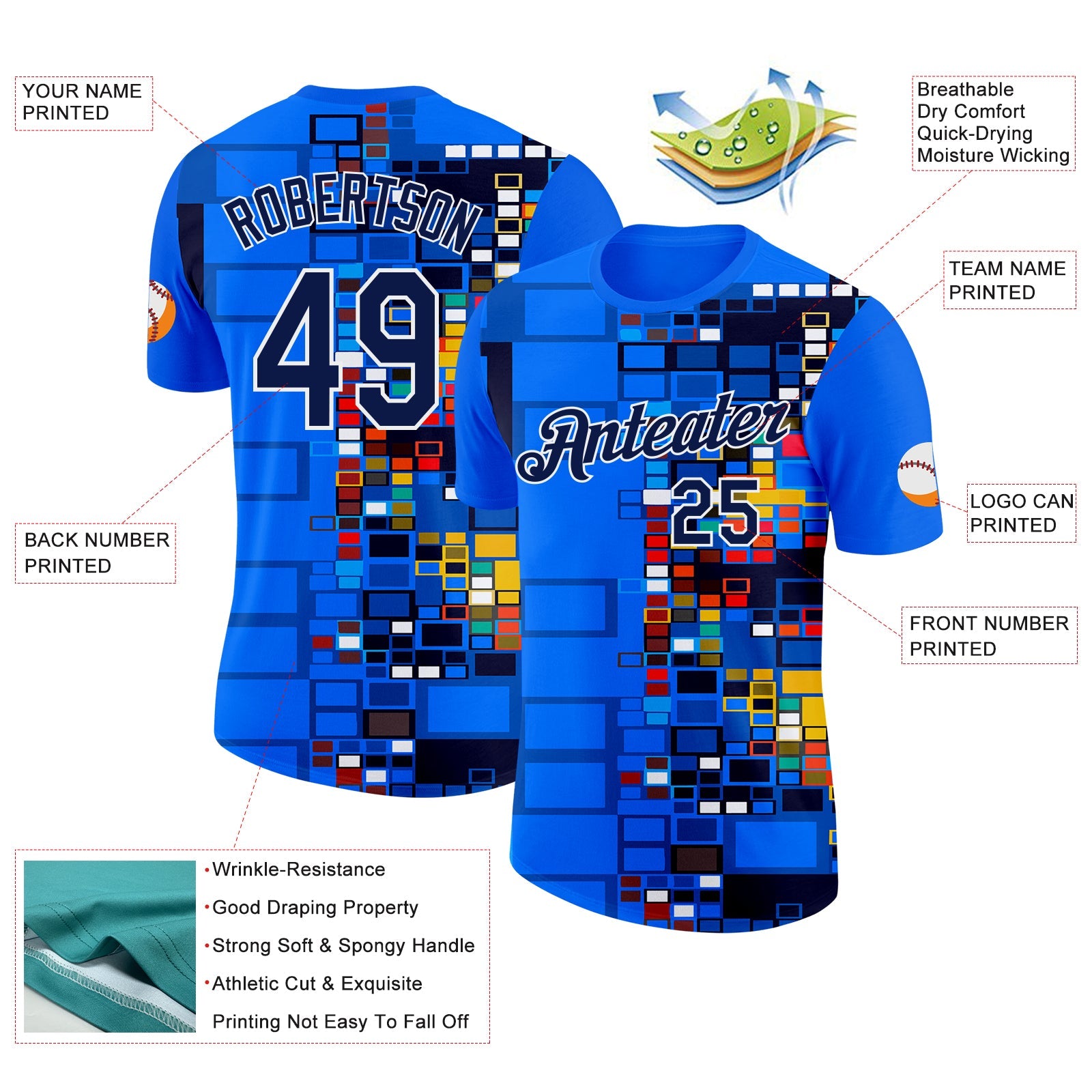 Custom Blue Navy Yellow Red-White Geometric Digital Mosaic Performance T-Shirt view 2