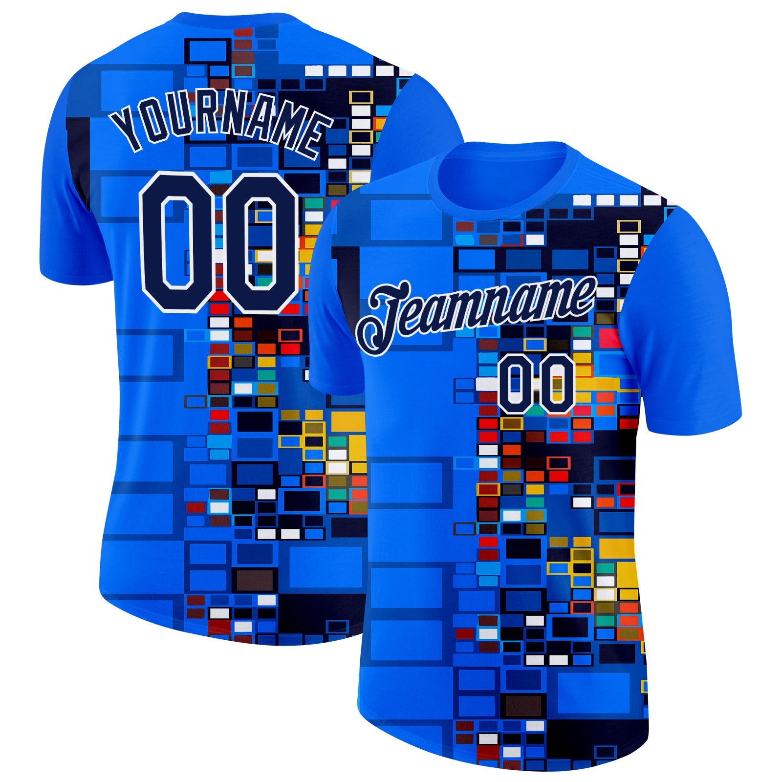 Custom Blue Navy Yellow Red-White Geometric Digital Mosaic Performance T-Shirt - Main View