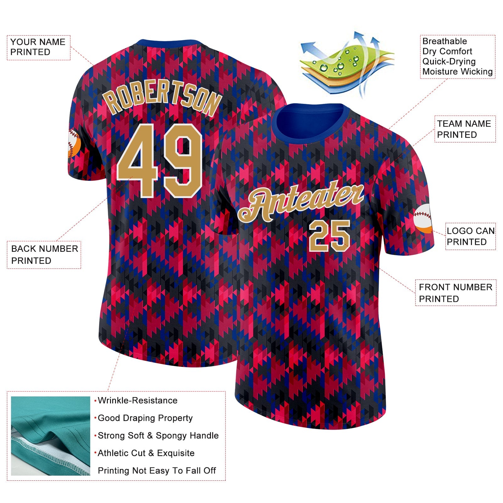 Custom Red Old Gold Black Blue-White Geometric Digital Mosaic Performance T-Shirt view 2