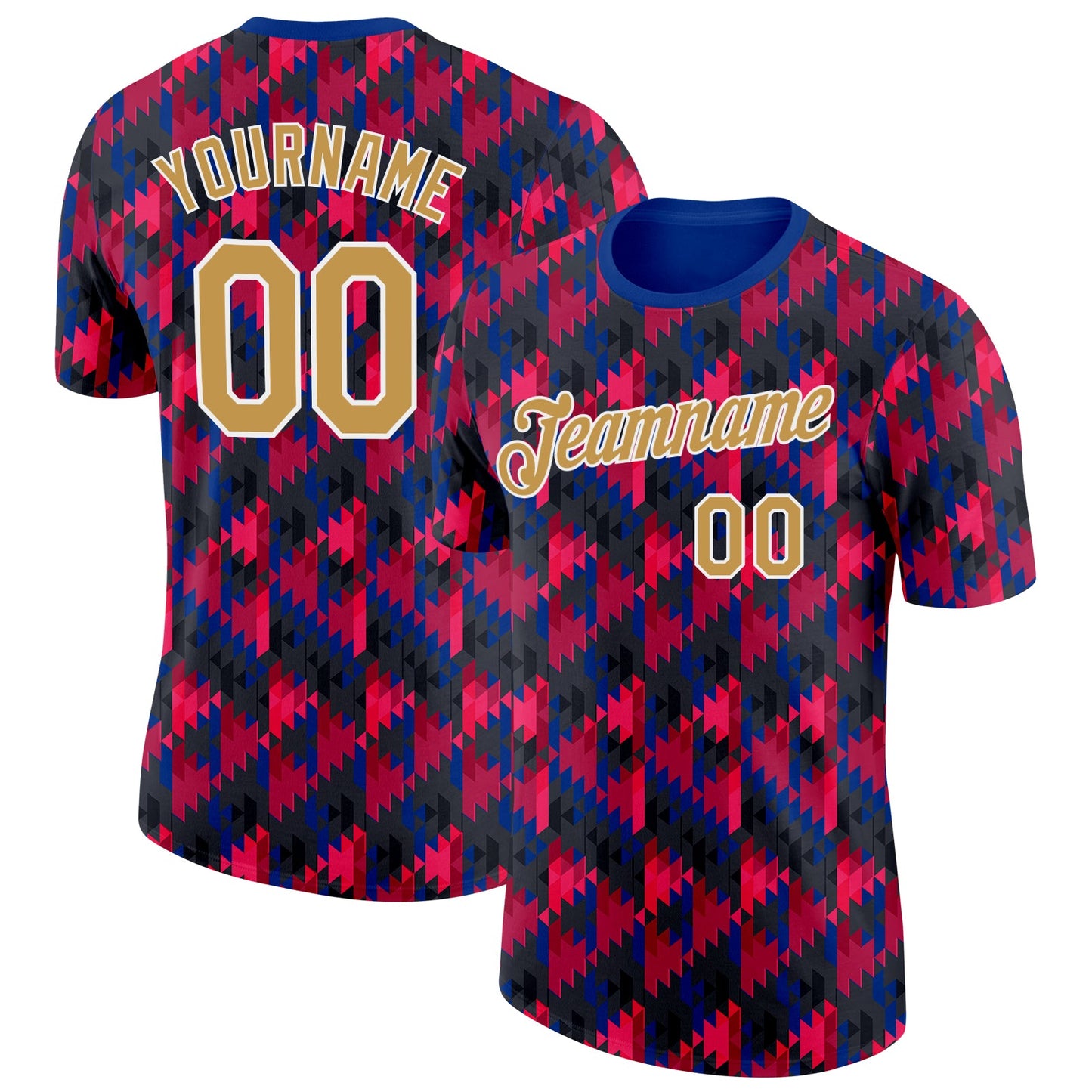 Custom Red Old Gold Black Blue-White Geometric Digital Mosaic Performance T-Shirt - Main View