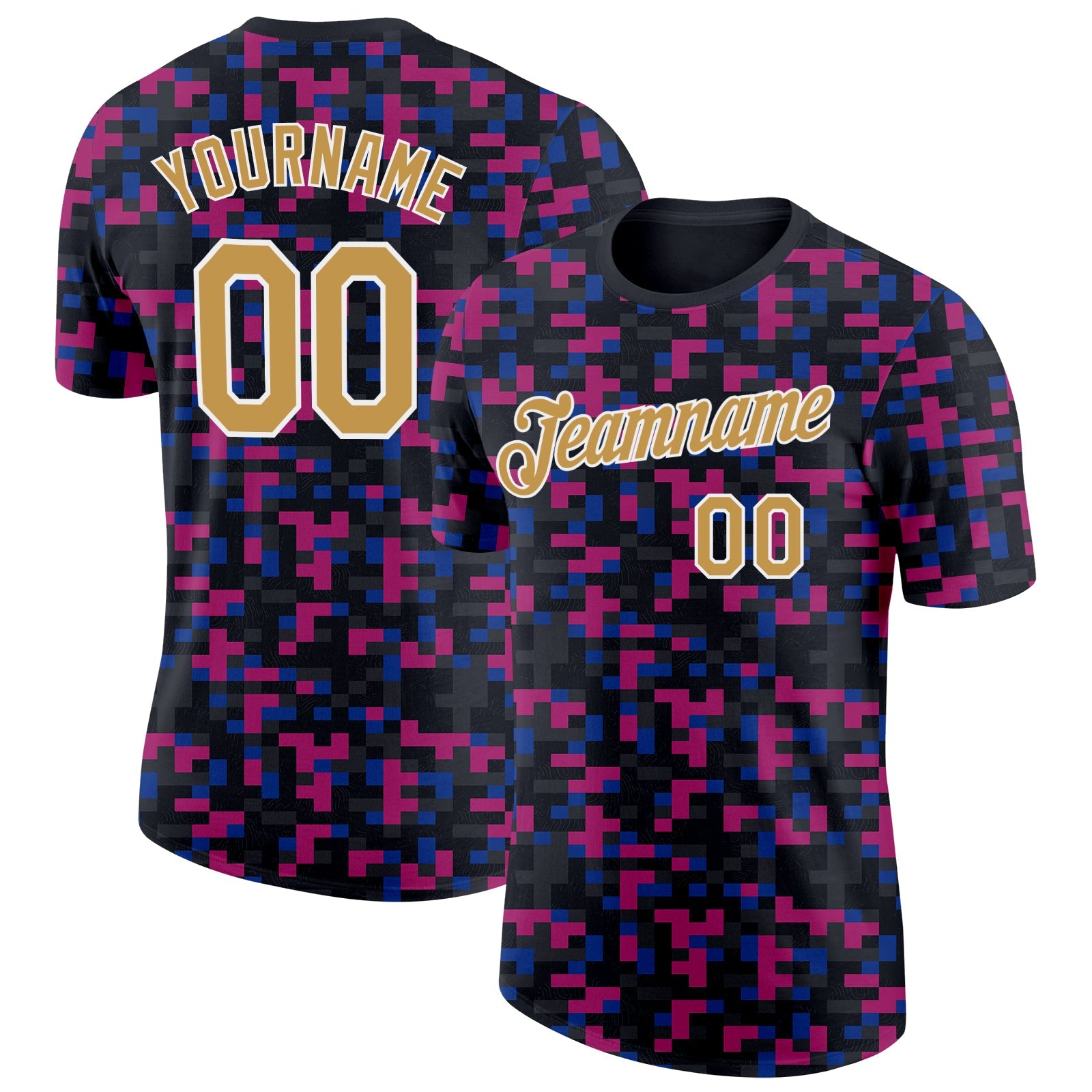 Custom Black Old Gold Red Blue-White Geometric Digital Mosaic Performance T-Shirt - Main View