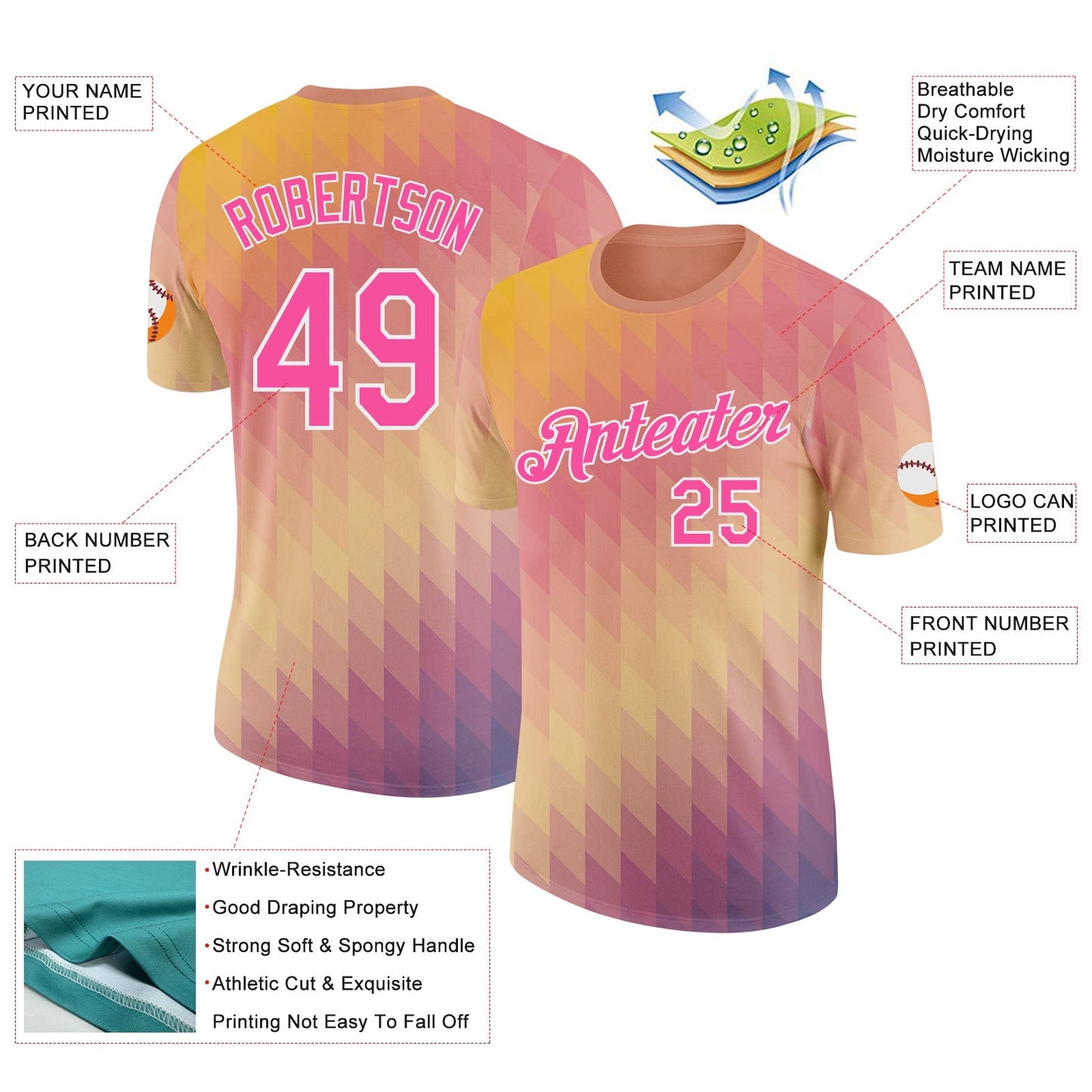 Custom Yellow Pink-White Geometric Gradient Digital Mosaic Performance T-Shirt view 2