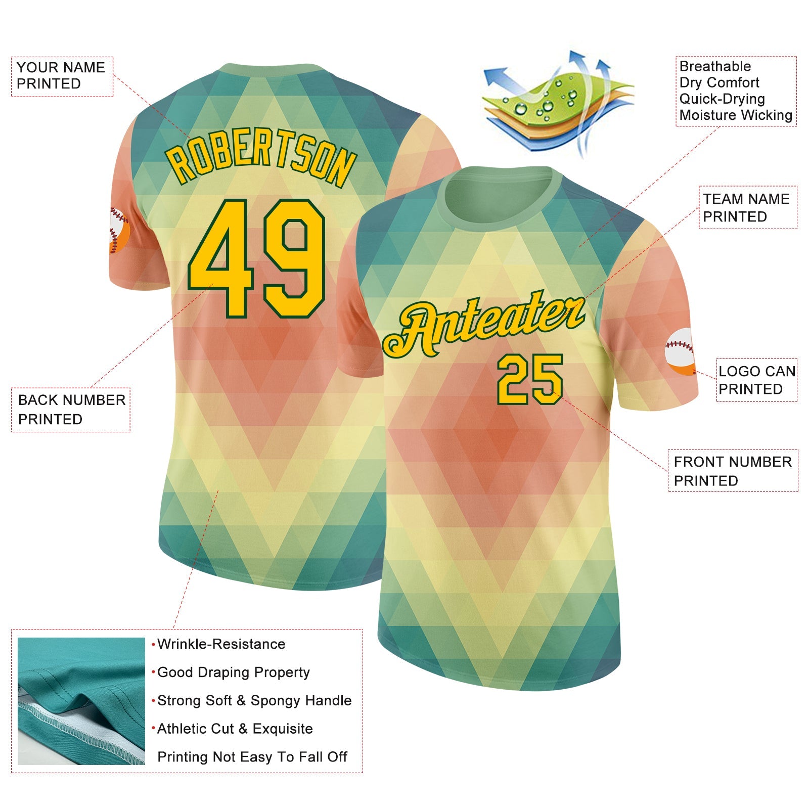 Custom Green Yellow-Pink Geometric Gradient Digital Mosaic Performance T-Shirt view 2