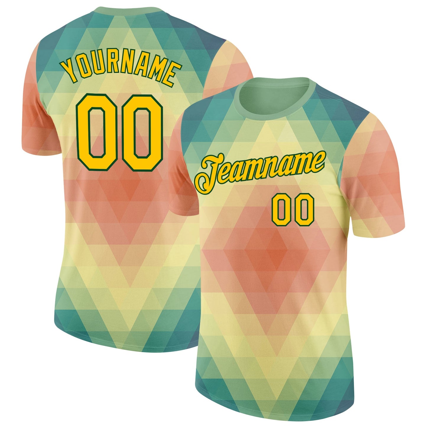 Custom Green Yellow-Pink Geometric Gradient Digital Mosaic Performance T-Shirt - Main View