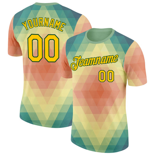 Custom Green Yellow-Pink Geometric Gradient Digital Mosaic Performance T-Shirt - Main View