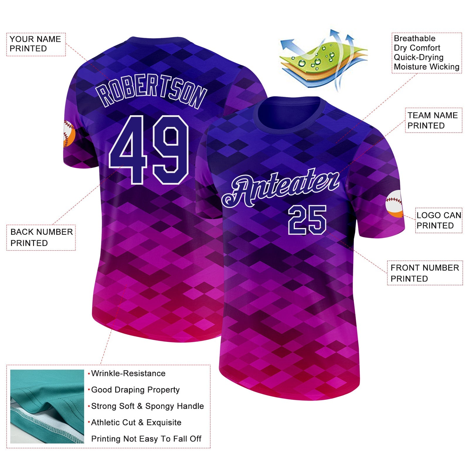 Custom Purple Dark Purple Pink-White Geometric Gradient Digital Mosaic Performance T-Shirt view 2