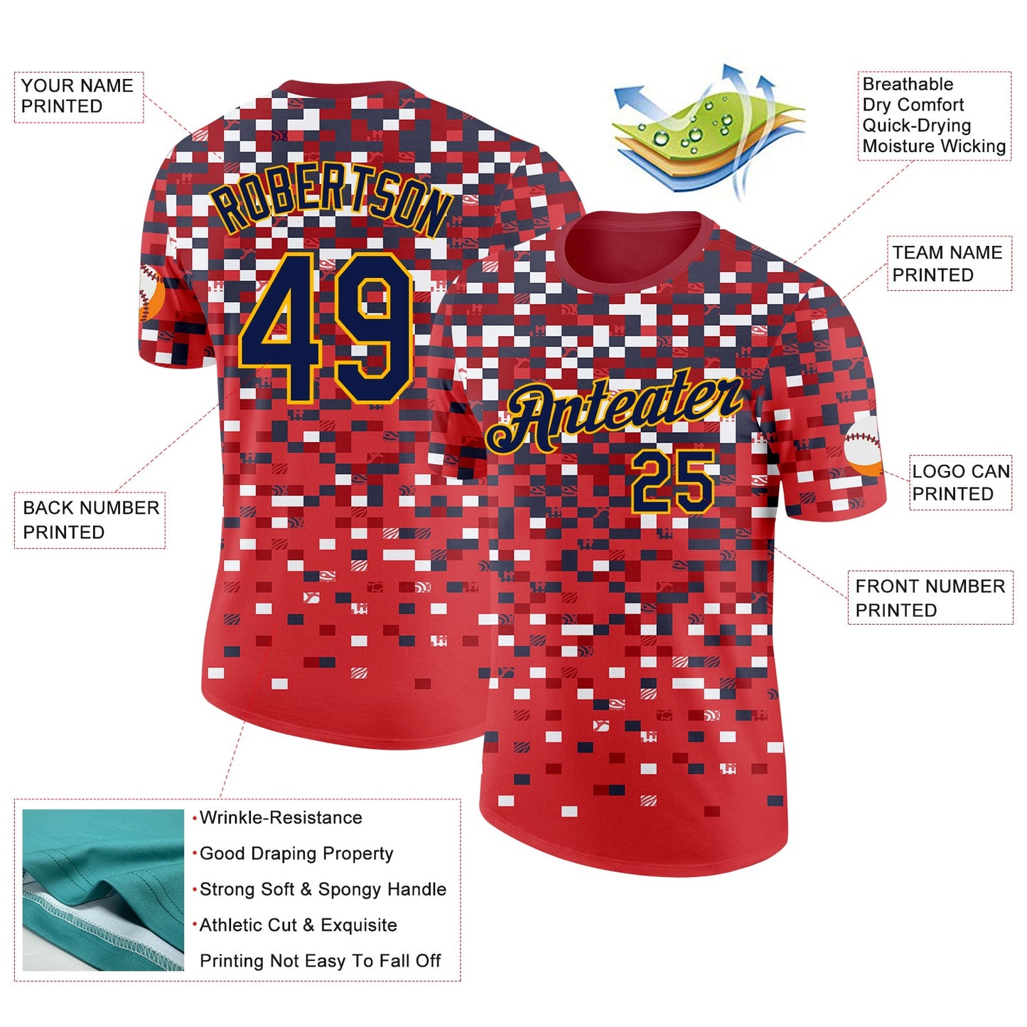 Custom Red Navy-Gold Geometric Digital Mosaic Performance T-Shirt view 2