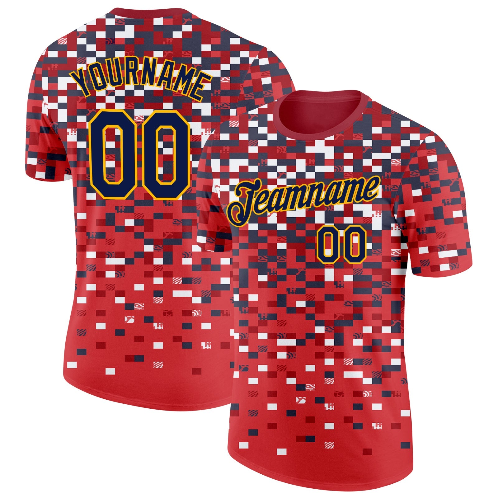 Custom Red Navy-Gold Geometric Digital Mosaic Performance T-Shirt - Main View