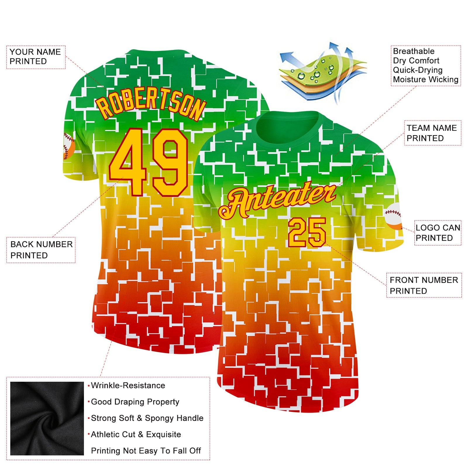 Custom Green Yellow-Red 3D Pattern Design Black History Month Performance T-Shirt view 2