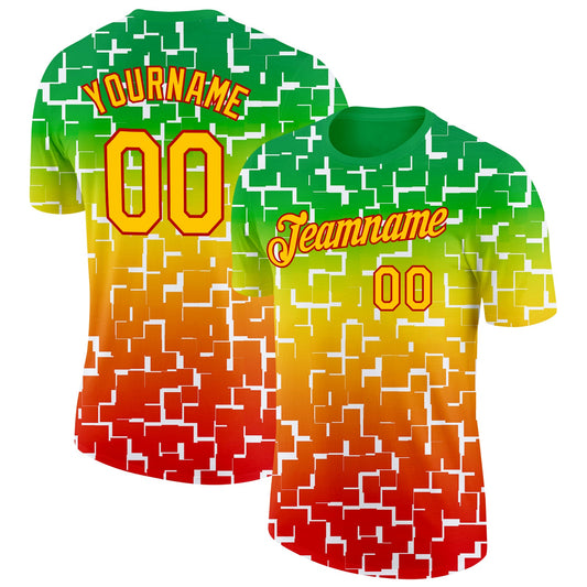 Custom Green Yellow-Red 3D Pattern Design Black History Month Performance T-Shirt - Main View