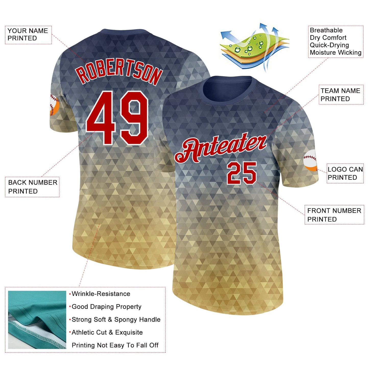 Custom Steel Gray Red Old Gold-White Geometric Gradient Digital Mosaic Performance T-Shirt view 2