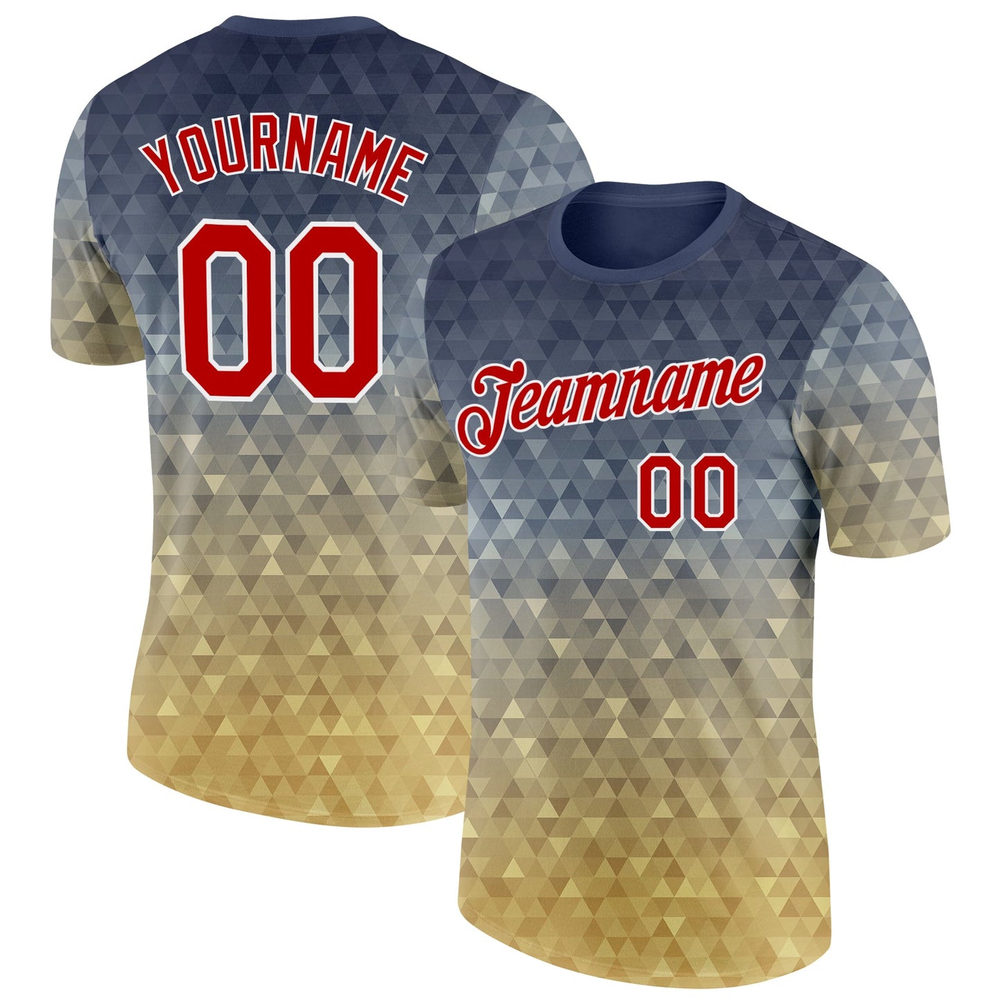 Custom Steel Gray Red Old Gold-White Geometric Gradient Digital Mosaic Performance T-Shirt - Main View