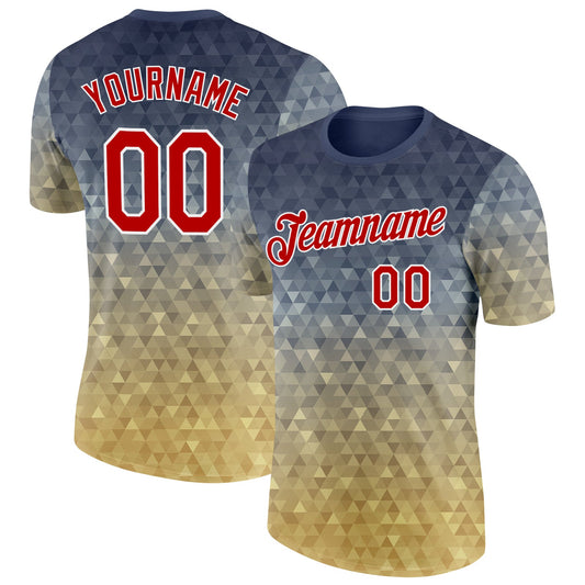 Custom Steel Gray Red Old Gold-White Geometric Gradient Digital Mosaic Performance T-Shirt - Main View