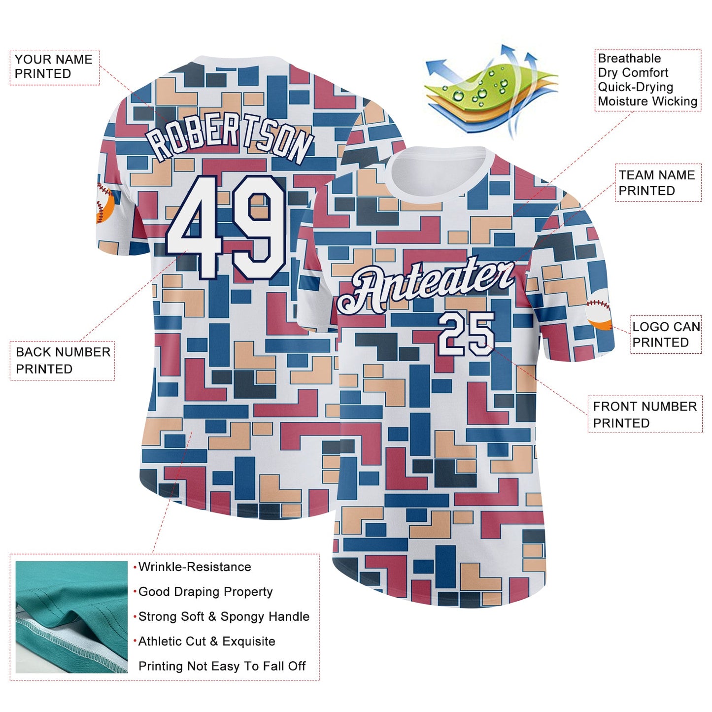 Custom White Blue Pink-Navy Geometric Digital Mosaic Performance T-Shirt view 2