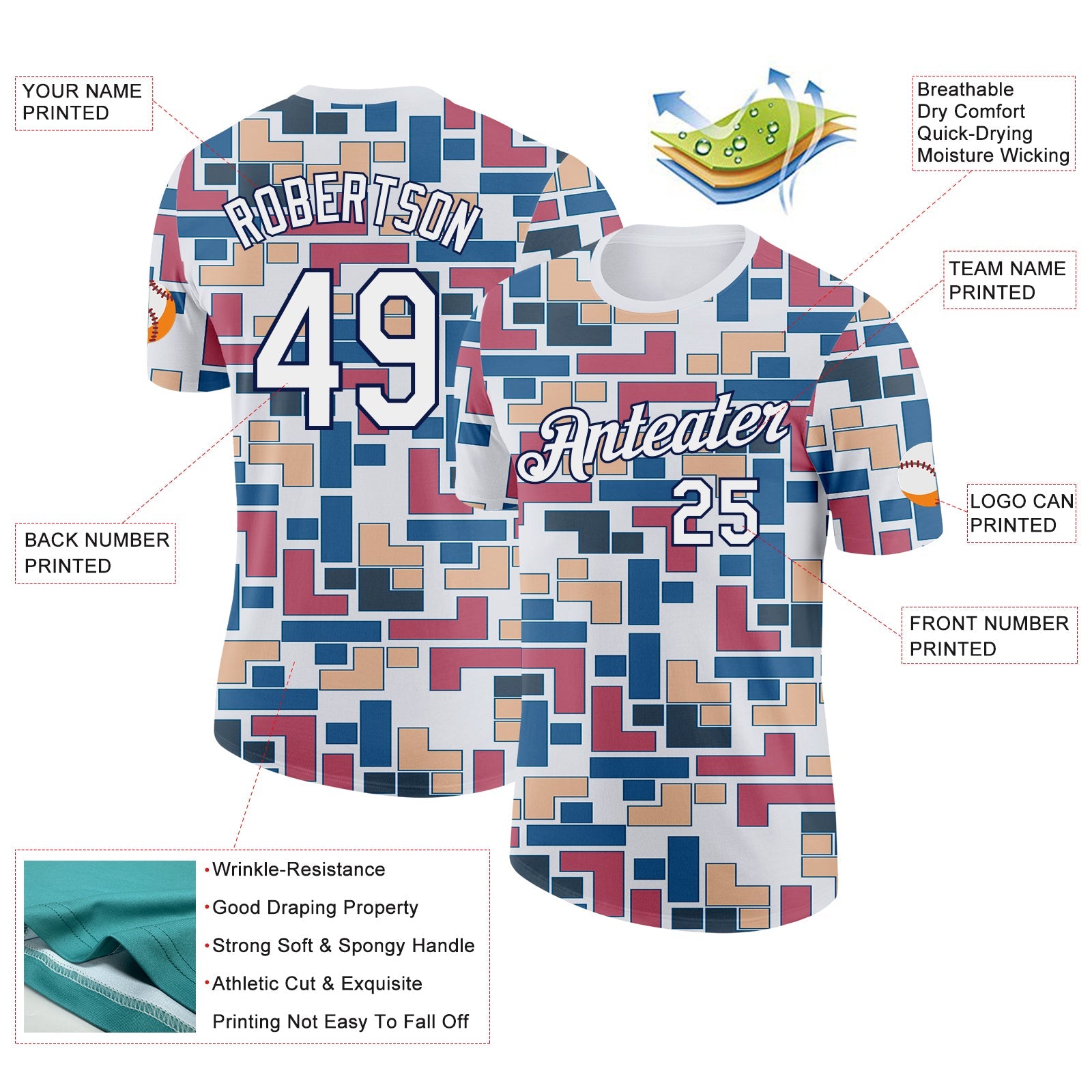 Custom White Blue Pink-Navy Geometric Digital Mosaic Performance T-Shirt view 2