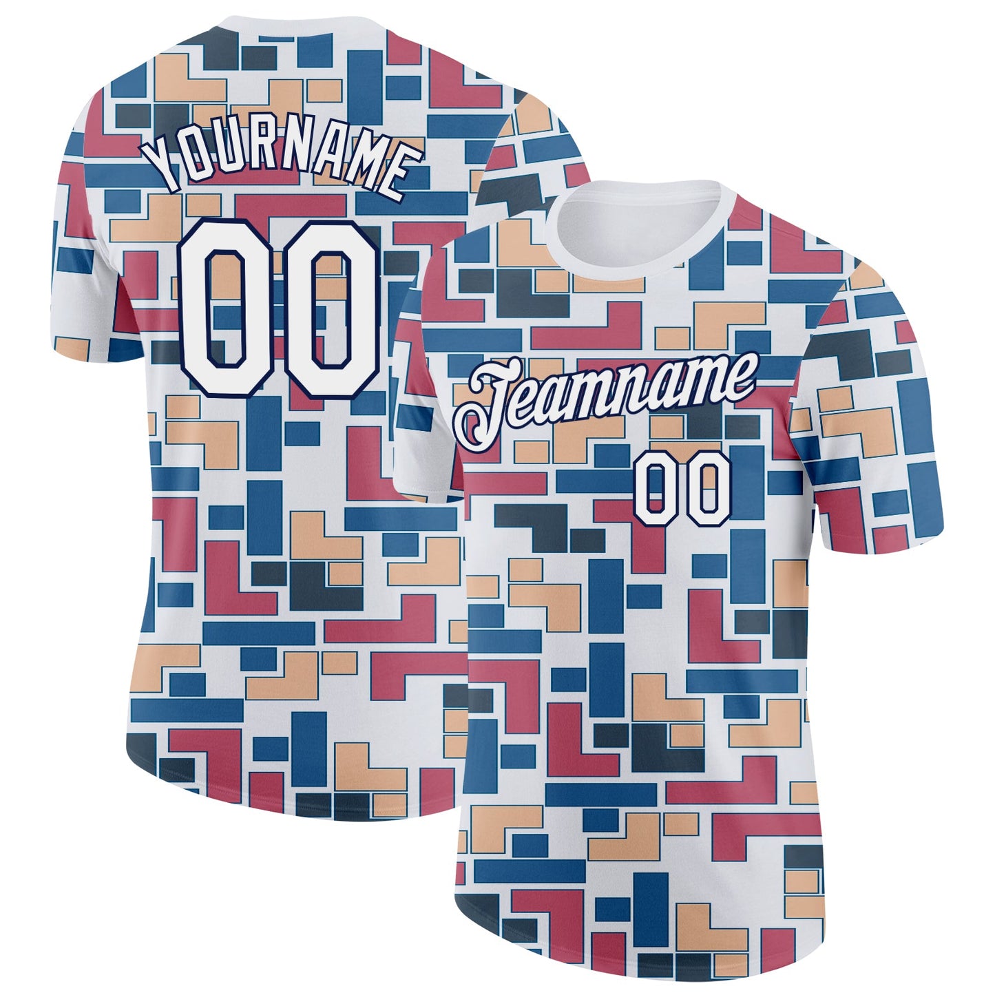 Custom White Blue Pink-Navy Geometric Digital Mosaic Performance T-Shirt - Main View
