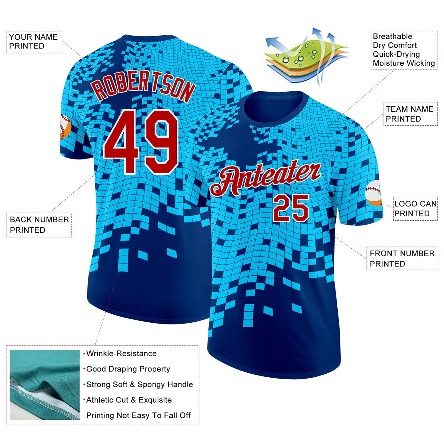 Custom Blue Red-White Geometric Digital Mosaic Performance T-Shirt view 2