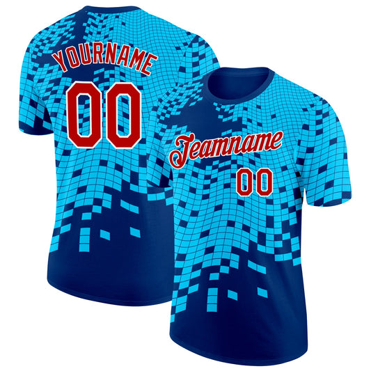 Custom Blue Red-White Geometric Digital Mosaic Performance T-Shirt - Main View