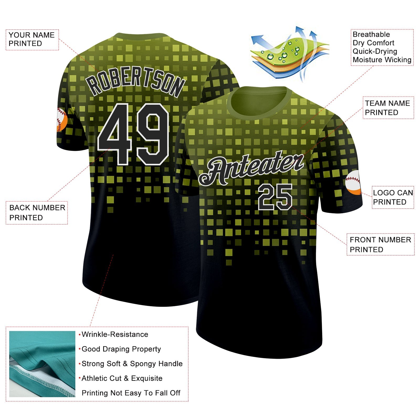 Custom Green Black-White Geometric Digital Mosaic Performance T-Shirt view 2