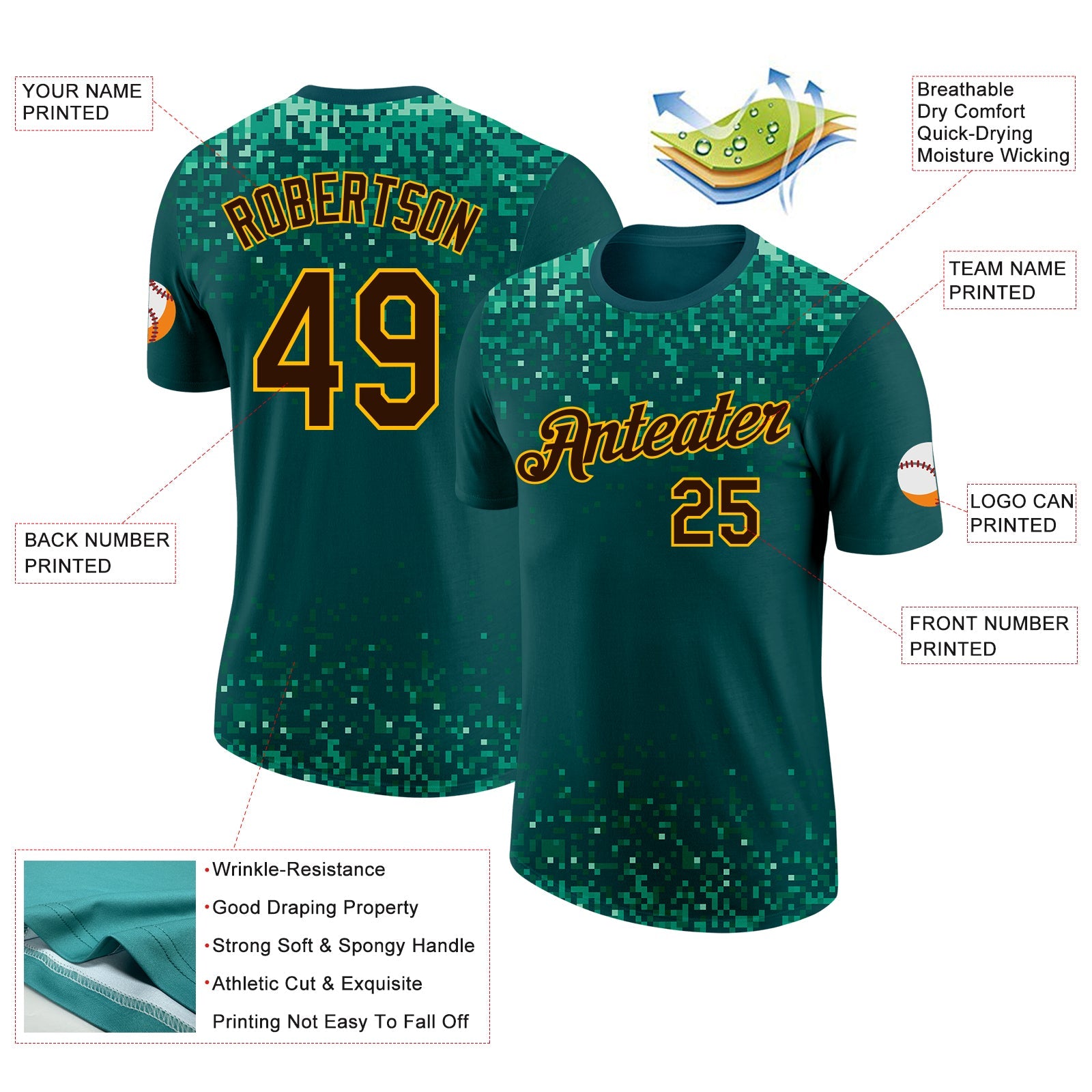Custom Green Brown-Gold Geometric Digital Mosaic Performance T-Shirt view 2