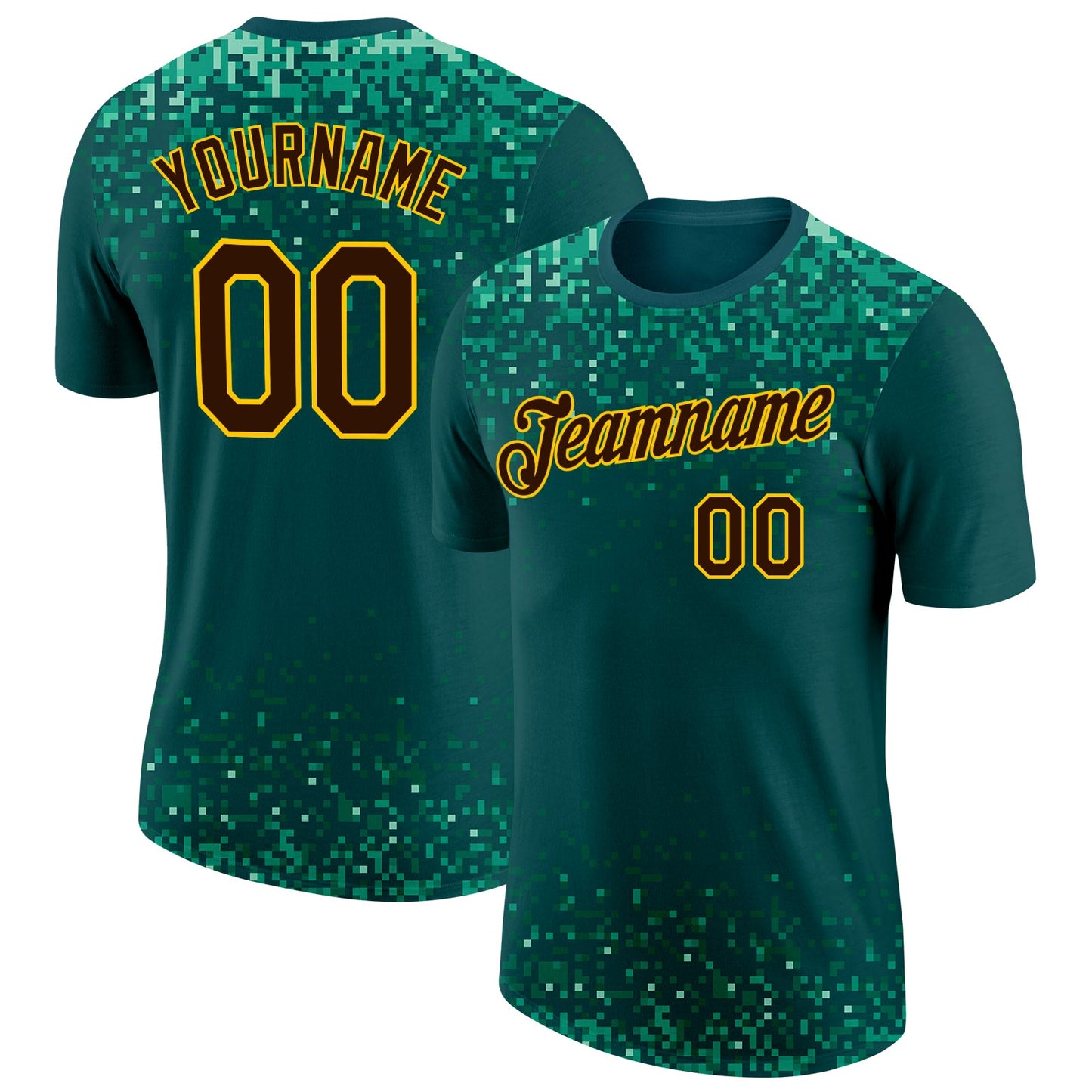 Custom Green Brown-Gold Geometric Digital Mosaic Performance T-Shirt - Main View
