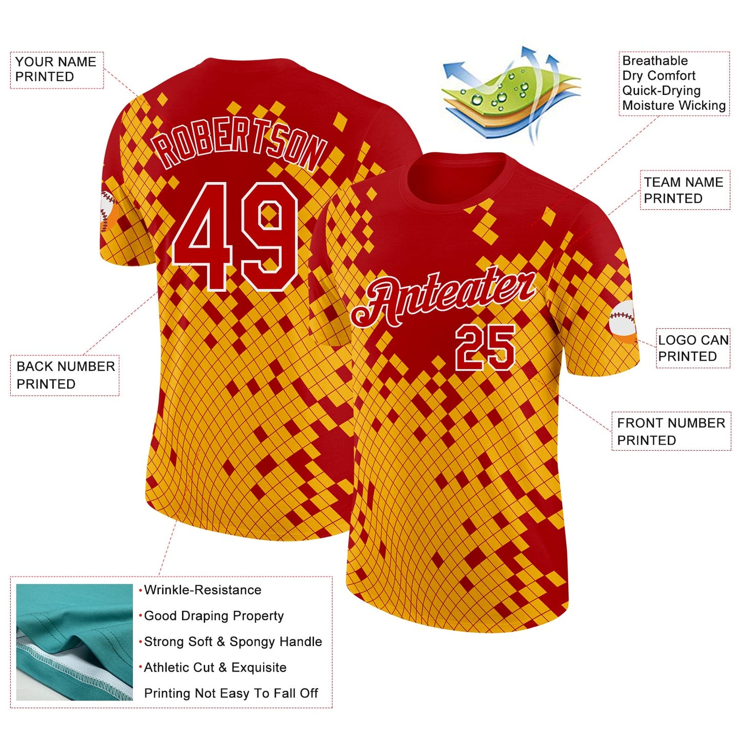 Custom Red Yellow-White Geometric Digital Mosaic Performance T-Shirt view 2